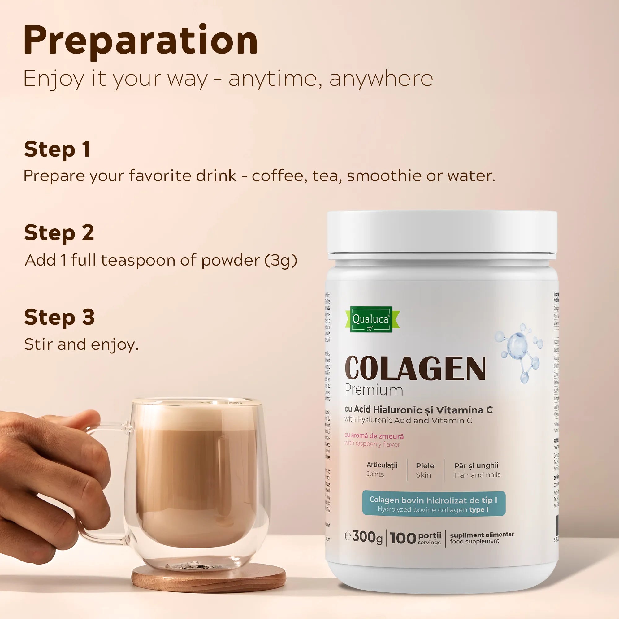 Qualuca Premium Kollagen, hydrolysiertes Rinderkollagen + Vitamin C + Hyaluronsäure 