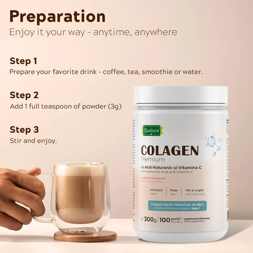 Qualuca Premium Kollagen, hydrolysiertes Rinderkollagen + Vitamin C + Hyaluronsäure 