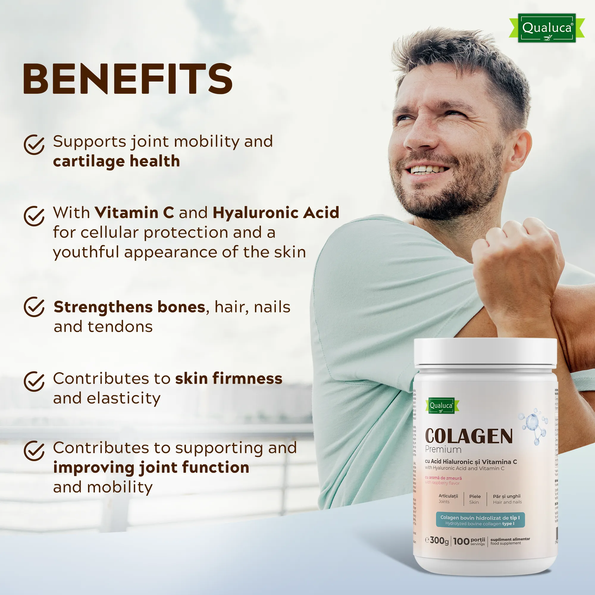 Qualuca Premium Kollagen, hydrolysiertes Rinderkollagen + Vitamin C + Hyaluronsäure 